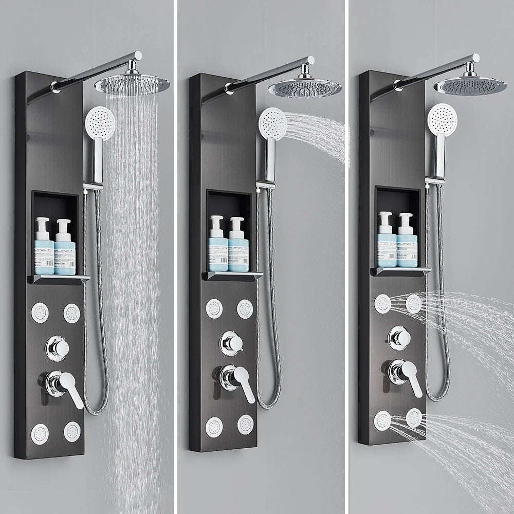 Trois Colonne de douche, noir, pluie large, cascade, jets de massage