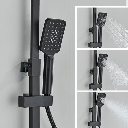 trois colonne de douche noires avec effet pluie, cascade, Jets et douchette à main