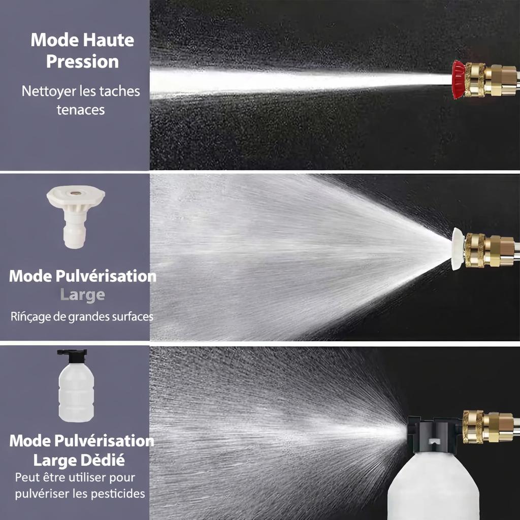 trois modes, Nettoyeur Haute Pression noir,buses polyvalentes, nettoyer des taches, pulverisation large et pulverisation large dediee