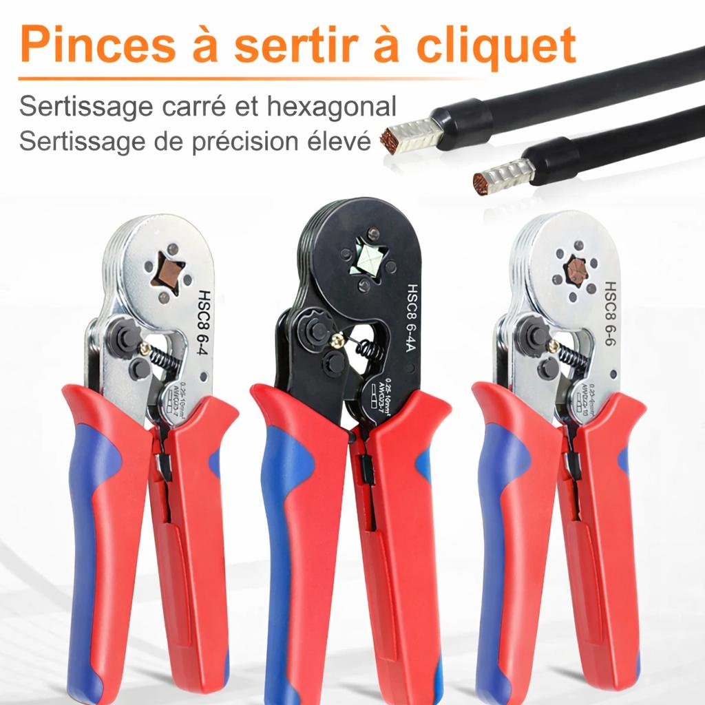 trois pince a sertir electrique poignee rouge bleue serissage carre circulair