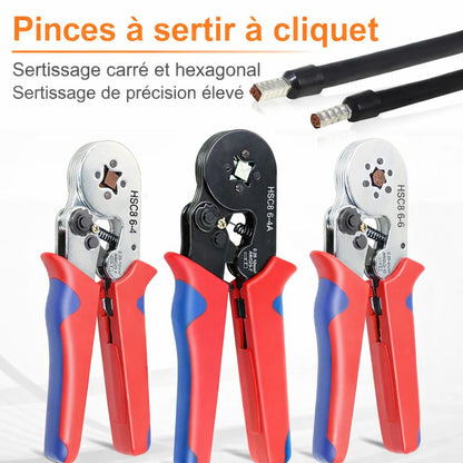 trois pince a sertir electrique poignee rouge bleue serissage carre circulair