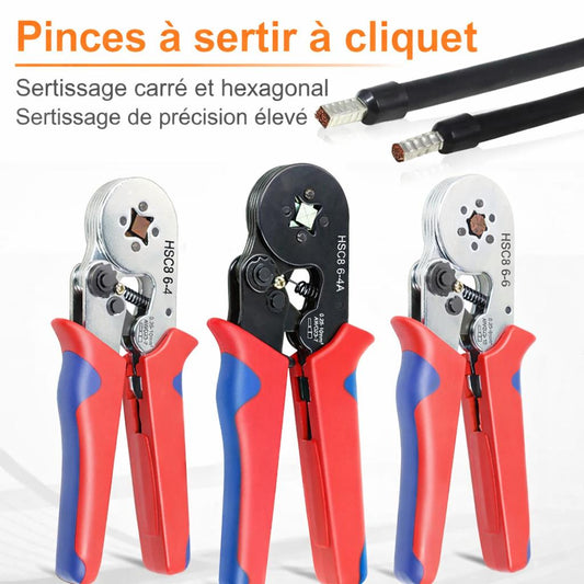 trois pince a sertir electrique poignee rouge bleue serissage carre circulair