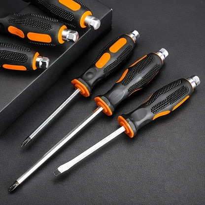 trois poignees et trois tournevis a frapper de couleur orange et noire sur table