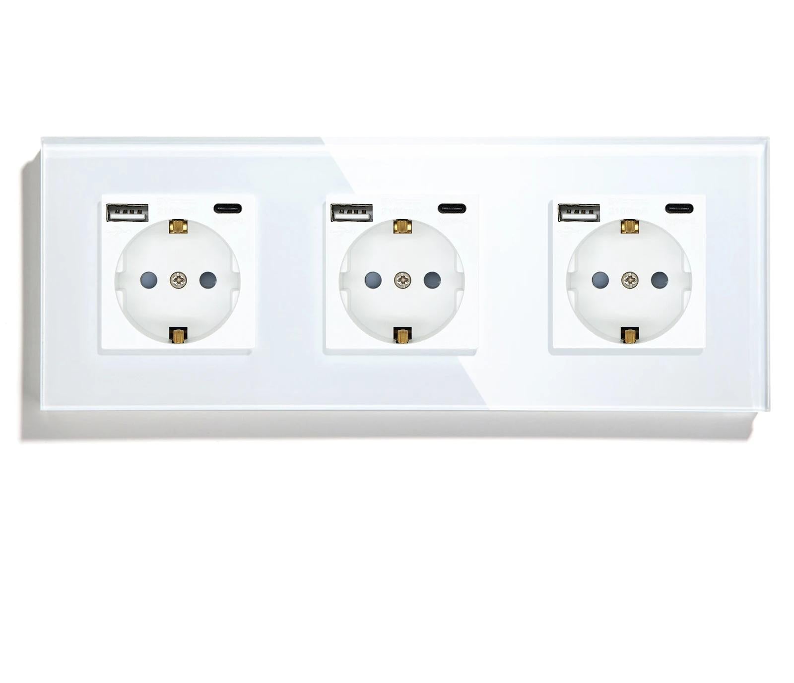 trois prises trois USB type C  Interrupteur tactile va et vient blanc en verre trempe mur salon blanc 