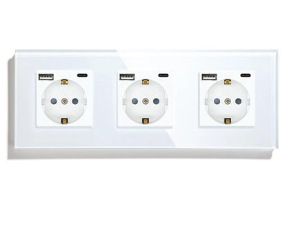 trois prises trois USB type C  Interrupteur tactile va et vient blanc en verre trempe mur salon blanc 