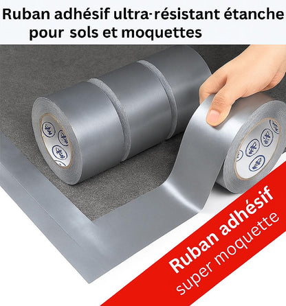 trois  rouleaux Ruban adhesif gris , main tient rouleau ruban adhesif gris colle tapis