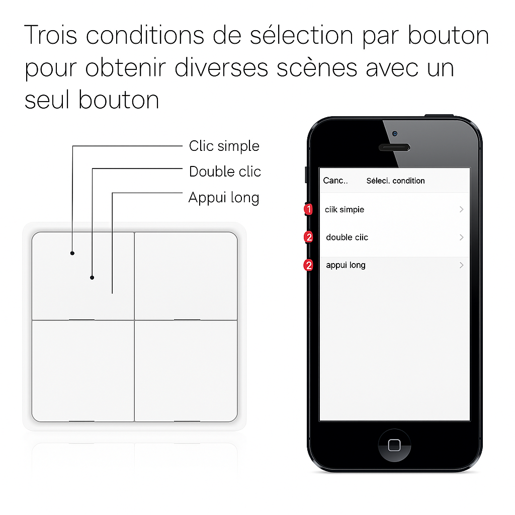 trois selections possibles, simple, double click et appui long sur interrupteur connecté