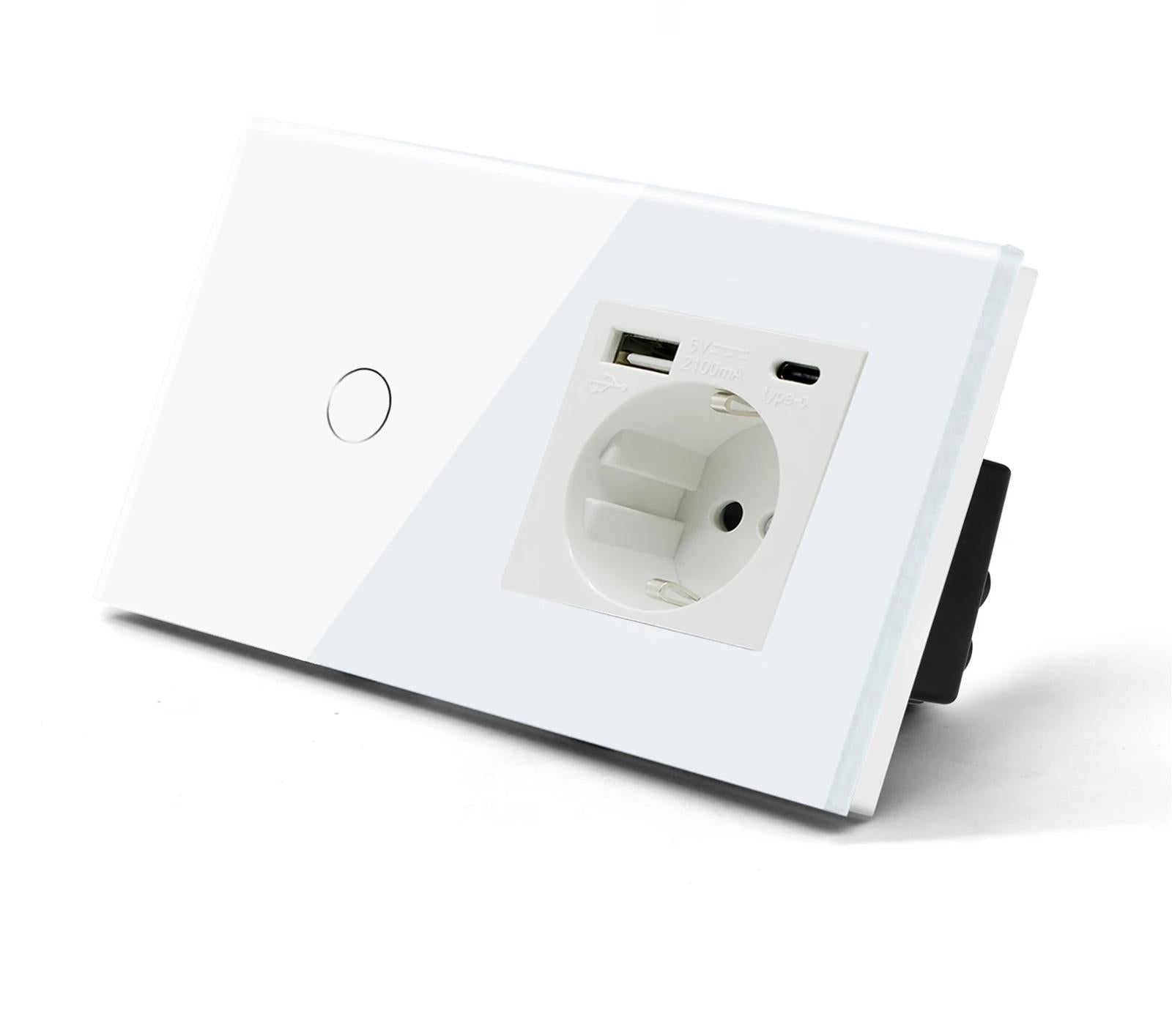 prise, une USB type C Interrupteur tactile va et vient blanc verre trempe mur salon bouton