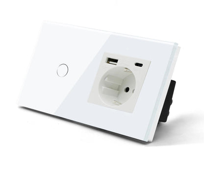 prise, une USB type C Interrupteur tactile va et vient blanc verre trempe mur salon bouton