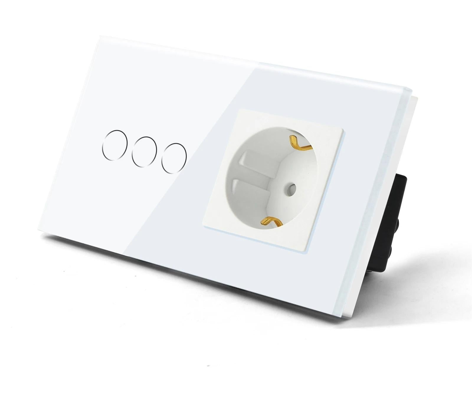 Une prise Interrupteur tactile va et vient blanc en verre trempe mur salon blanc et trois boutons