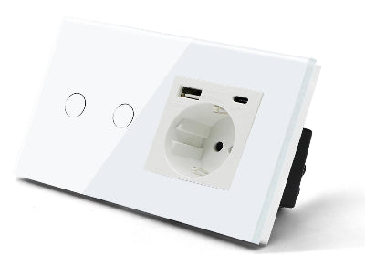 Une prise, une USB type C  Interrupteur tactile va et vient blanc en verre trempe mur salon blanc deux boutons