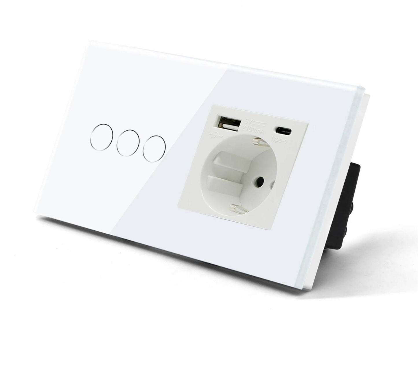 une prise  un USB type C  Interrupteur tactile va et vient blanc en verre trempe mur salon blanc et trois boutons