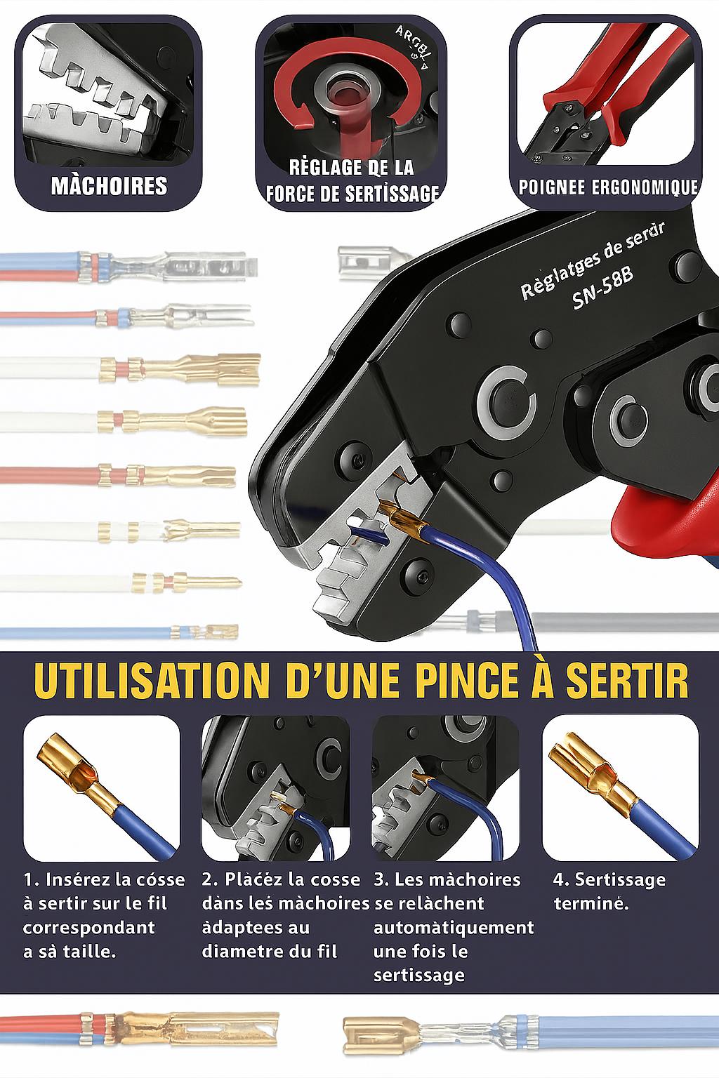 Utilisation de la Pince a sertir rouge entourée de différentes cosses multicolores