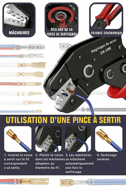 Utilisation de la Pince a sertir rouge entourée de différentes cosses multicolores